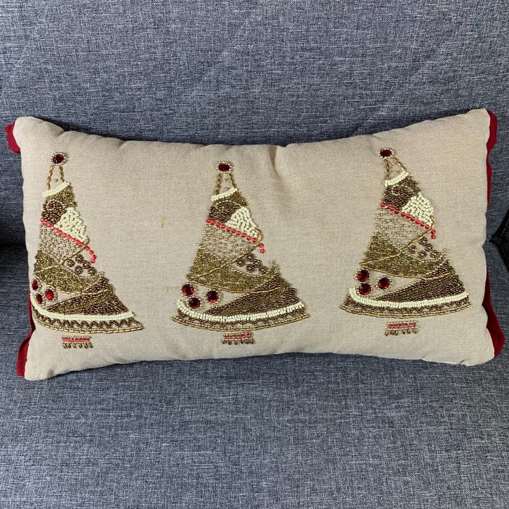 Pier 1 Beaded Embroidered Christmas Trees Throw Decorative Pillow